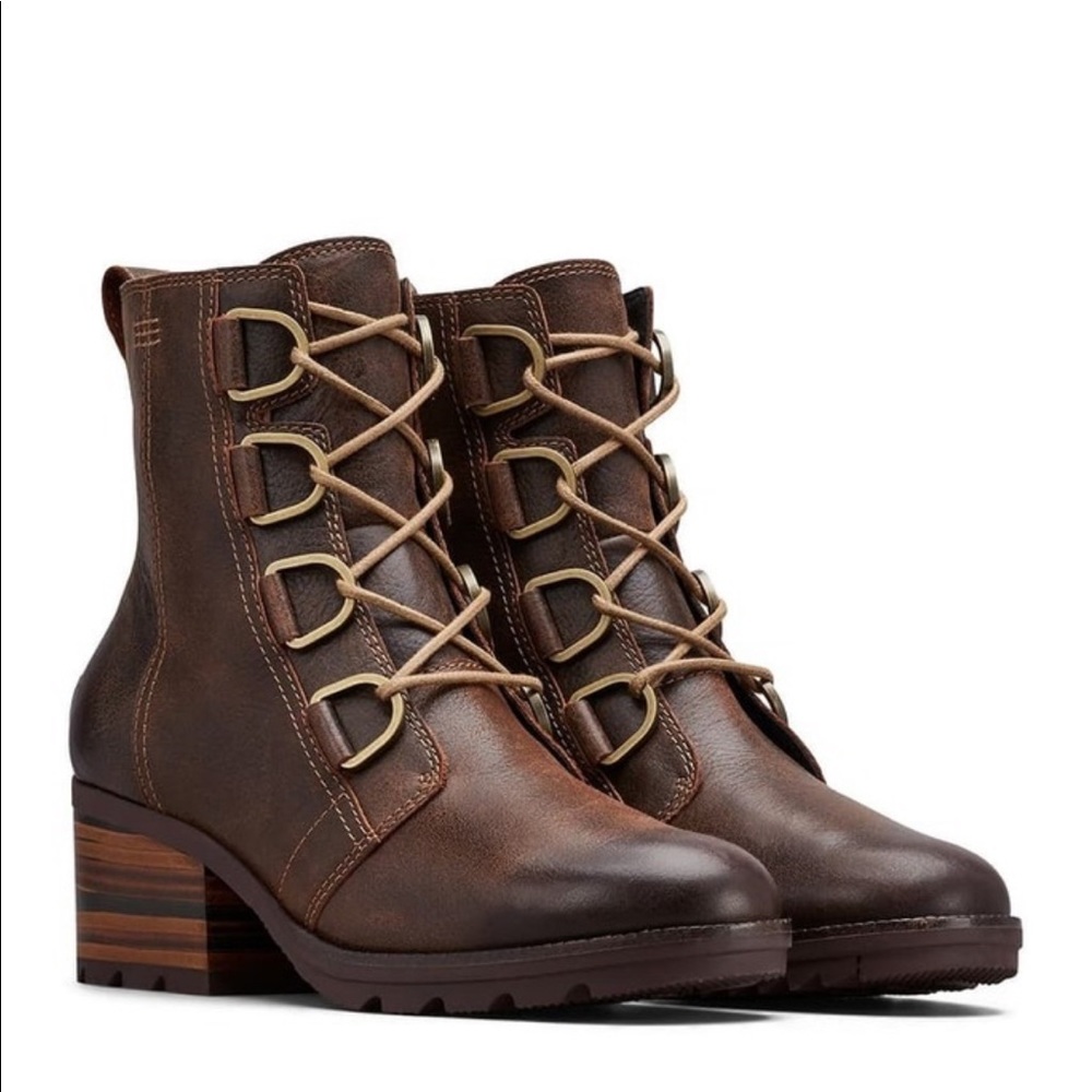Sorel Brown Leather Lace-Up Heeled Ankle Boots